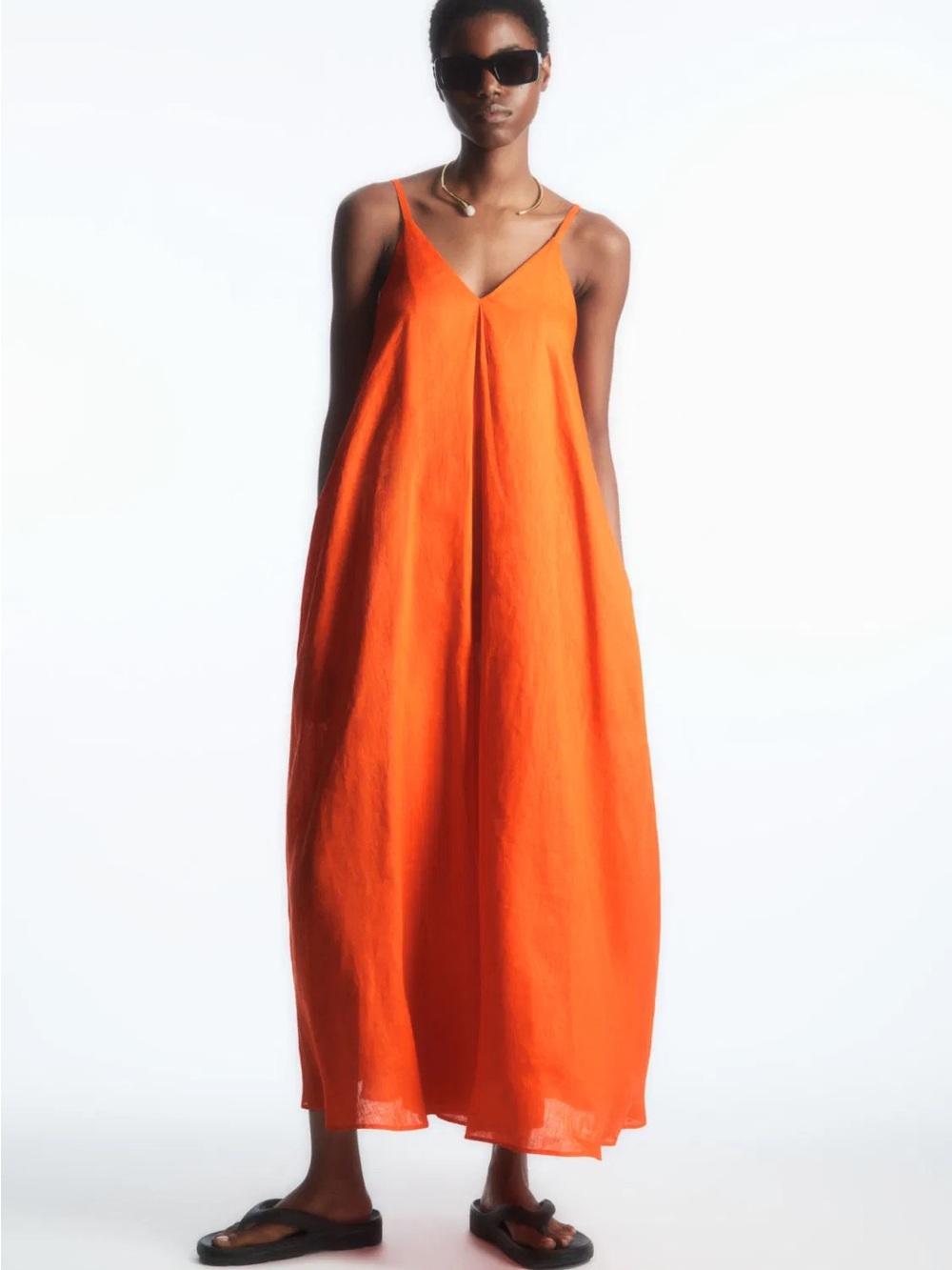 COS orange linen pleated V-neck midi dress - Picture 1 of 16